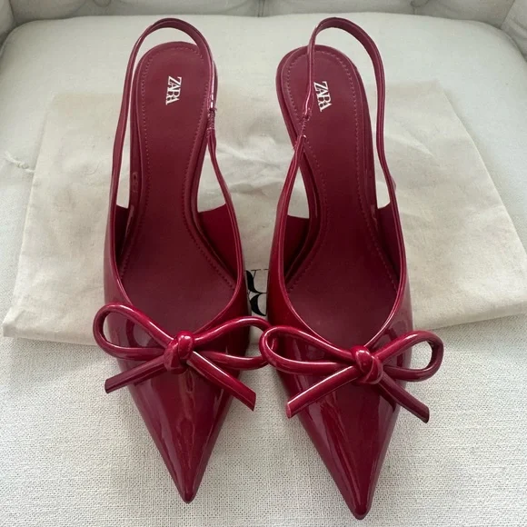 Zara Patent Red Bow Kitten Heels 40 - Picture 4 of 4